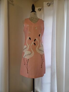 Gabby Skye Pink Flamingo Print Sleeveless Shift Dress Fun Girly Girl Classy